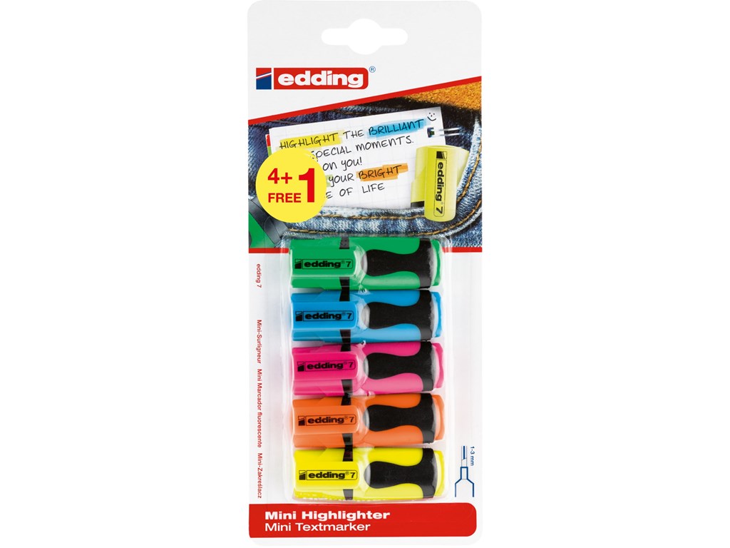 edding 7 Textmarker 5er BTS Blister Set (4+1) sortiert, Keilspitze  