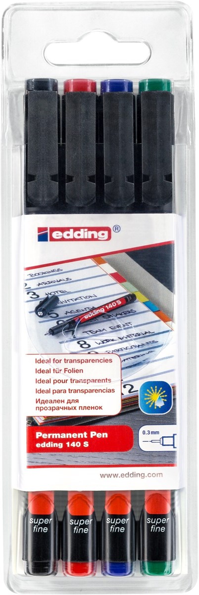 edding 140 S Permanenter Folienschreiber 4er Set sortiert, Rundspitze 0,3 mm (Art.-Nr.: 4-140-4)