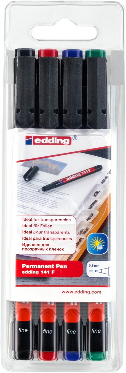 edding 141 F Permanenter Folienschreiber 4er Set sortiert, Rundspitze 0,6 mm (Art.-Nr.: 4-141-4)