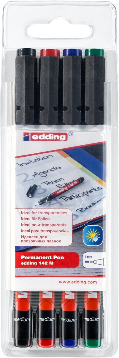 edding 142 M Permanenter Folienschreiber 4er Set sortiert, Rundspitze 1 mm (Art.-Nr.: 4-142-4)