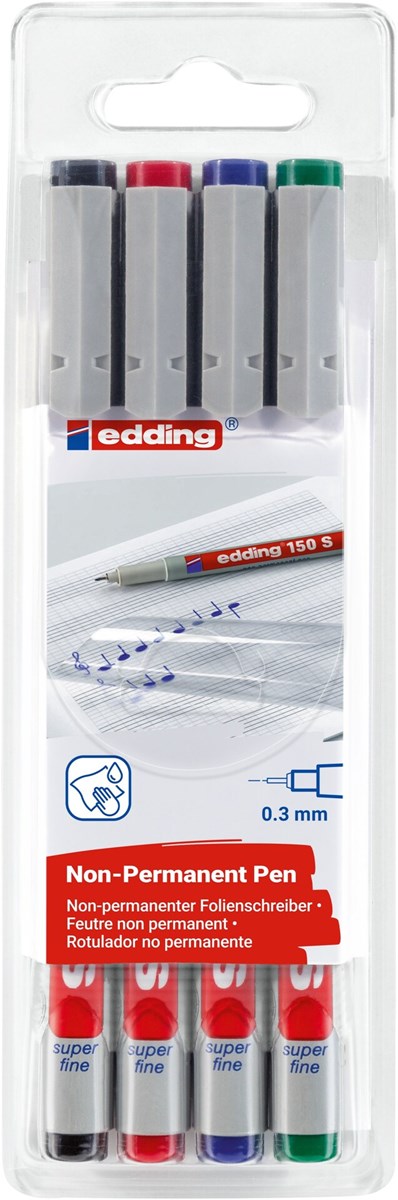 edding 150 S Non-permanenter Folienschreiber 4er Set sortiert, Rundspitze 0,3 mm (Art.-Nr.: 4-150-4)