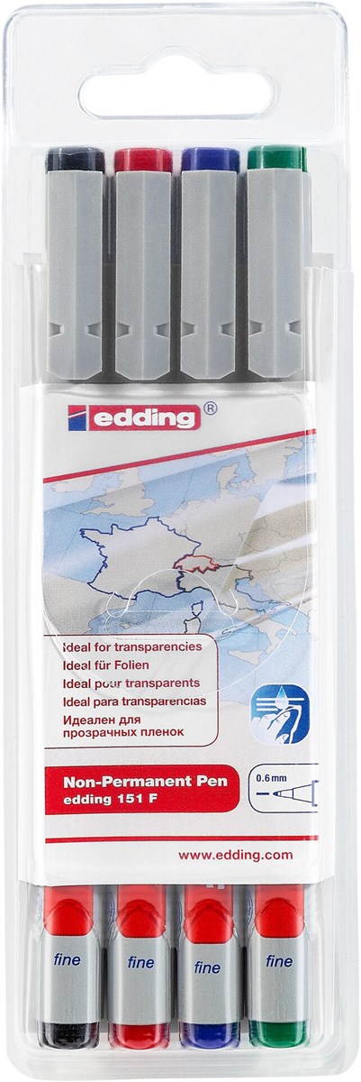 edding 151 F Non-permanenter Folienschreiber 4er Set sortiert, Rundspitze 0,6 mm (Art.-Nr.: 4-151-4)