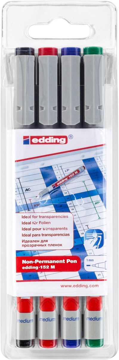edding 152 M Non-permanenter Folienschreiber 4er Set sortiert, Rundspitze 1 mm (Art.-Nr.: 4-152-4)