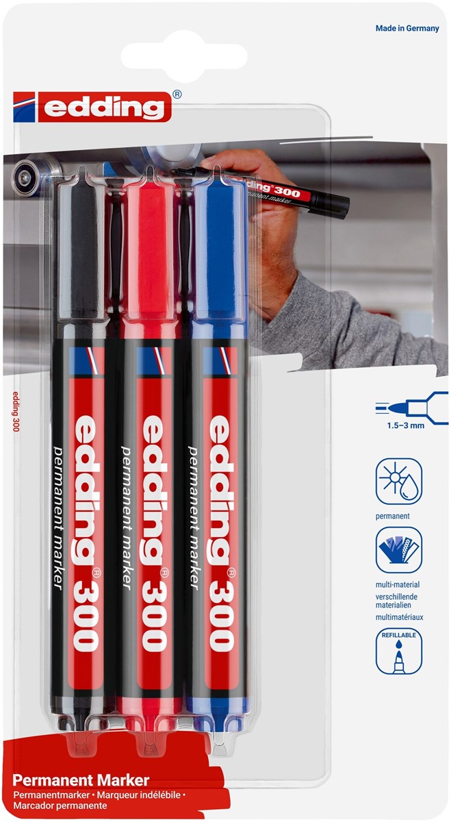 edding 300 Permanentmarker 3er Set sortiert, Rundspitze 1,5-3 mm (Art.-Nr.: 4-300-3-1999)