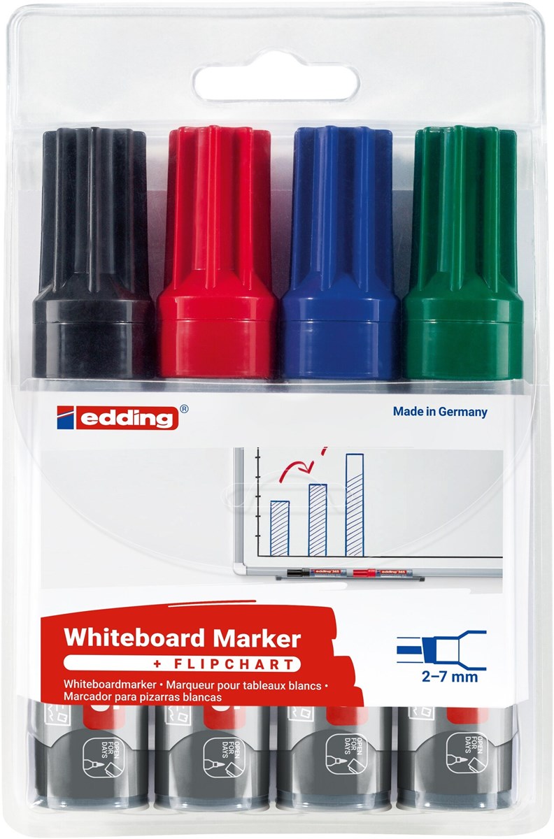 edding 365 Whiteboardmarker 4er Set sortiert, Keilspitze 2-7 mm (Art.-Nr.: 4-365-4)