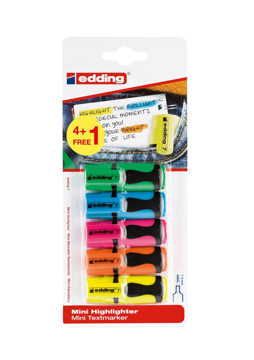 edding 7 Textmarker 5er BTS Blister Set (4+1) sortiert, Keilspitze 1-3 mm (Art.-Nr.: 4-7-5-S1999)