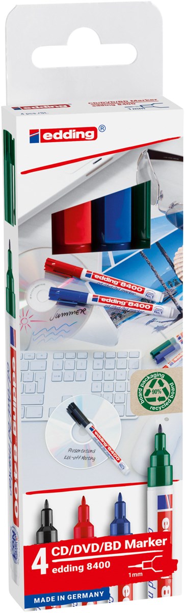 edding 8400 CD/DVD/BD Marker 4er Set sortiert, Rundspitze 0,5-1 mm (Art.-Nr.: 4-8400-4-2)