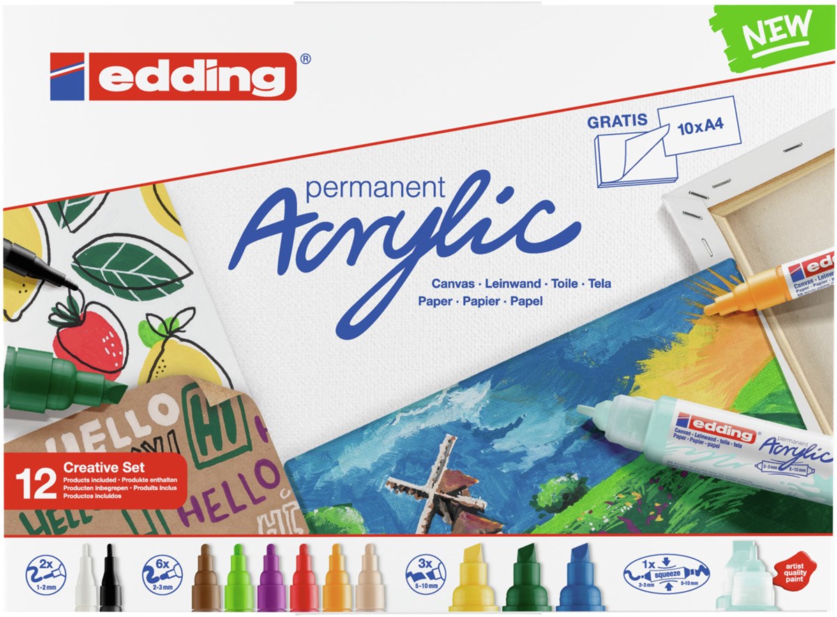 edding Acryl Creative Set, inkl. Malblock, 12er Set basic (Art.-Nr.: 4-CS12B)
