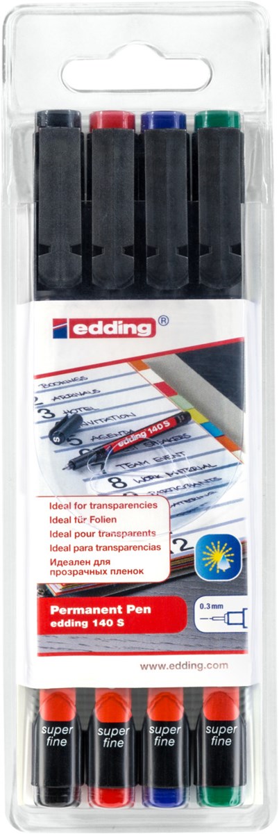 edding 140 S Permanenter Folienschreiber 4er Set sortiert, Rundspitze 0,3 mm (Art.-Nr.: 4-140-4)