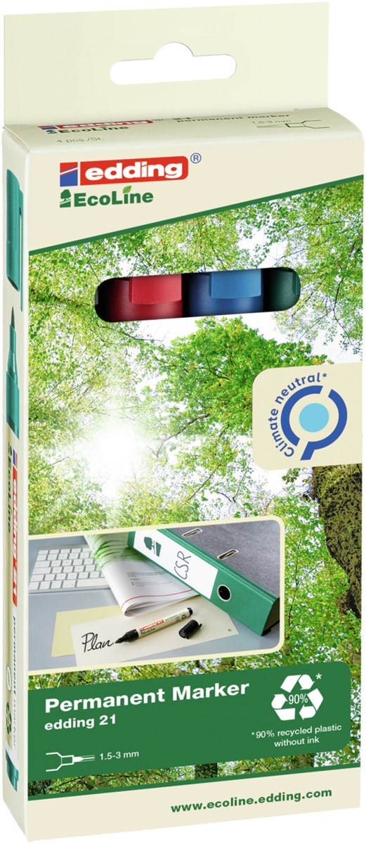 edding 21 EcoLine Permanentmarker 4er Set sortiert, Rundspitze 1,5-3 mm (Art.-Nr.: 4-21-4)