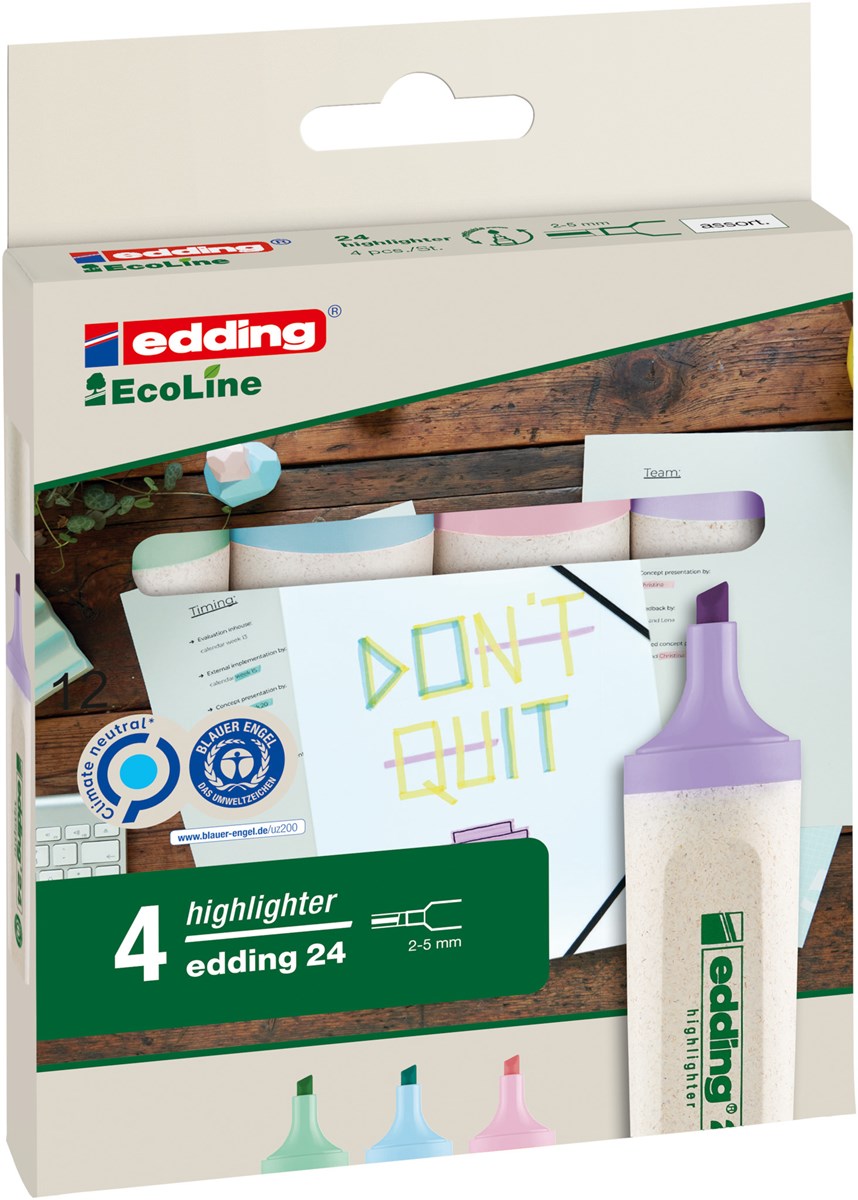 edding 24 EcoLine Pastell Textmarker 4-er Set sortiert, Keilspitze 2-5 mm (Art.-Nr.: 4-24-4-1000)