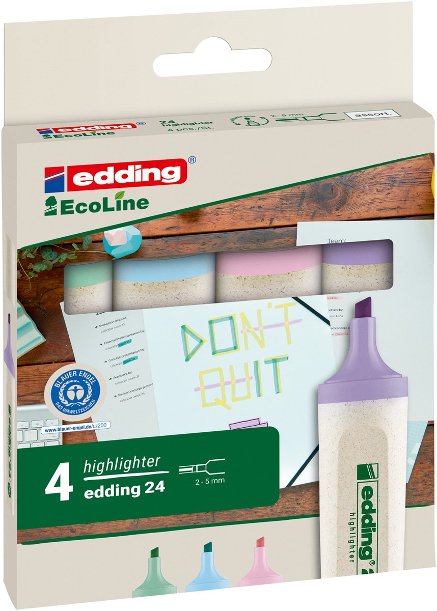 edding 24 EcoLine Pastell Textmarker 4-er Set sortiert, Keilspitze 2-5 mm (Art.-Nr.: 4-24-4-1000)