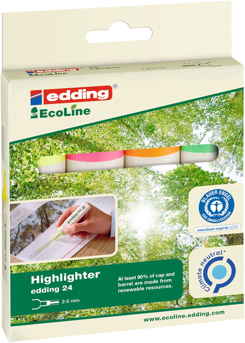 edding 24 EcoLine Neon Textmarker 4er Set sortiert, Keilspitze 2-5 mm (Art.-Nr.: 4-24-4)