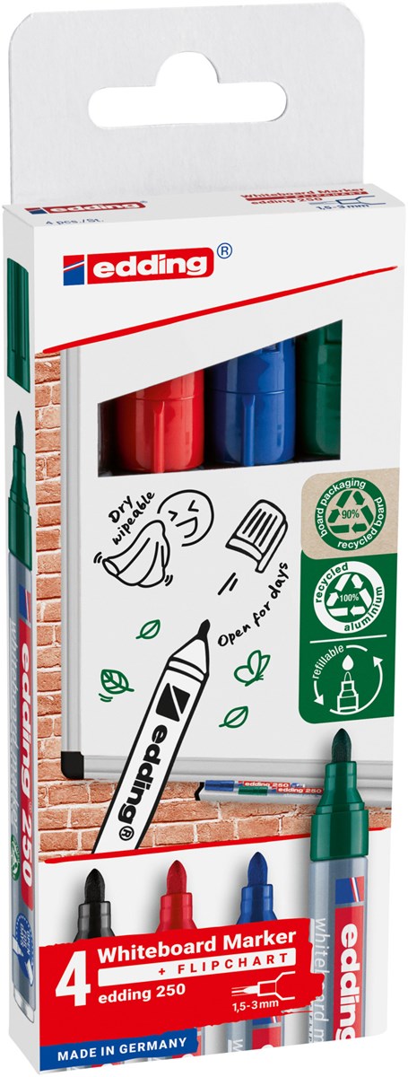 edding 250 Whiteboardmarker 4er Set sortiert, Rundspitze 1,5-3 mm (Art.-Nr.: 4-250-4-2)