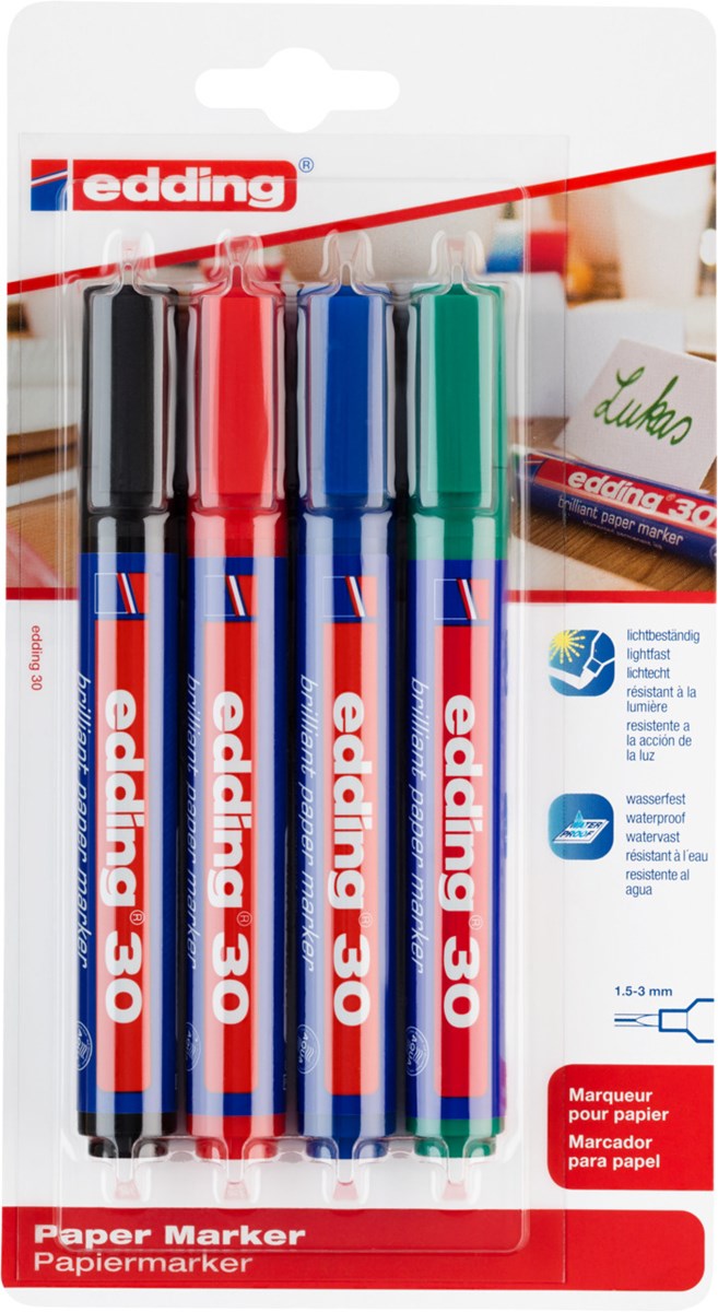 edding 30 Brilliant-Papiermarker 4er Set sortiert, Rundspitze 1,5-3 mm (Art.-Nr.: 4-30-4-1999)