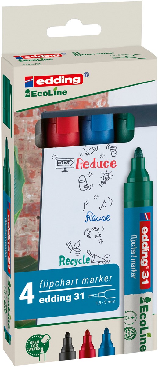 edding 31 EcoLine Flipchartmarker 4er Set sortiert, Rundspitze 1,5-3 mm (Art.-Nr.: 4-31-4)