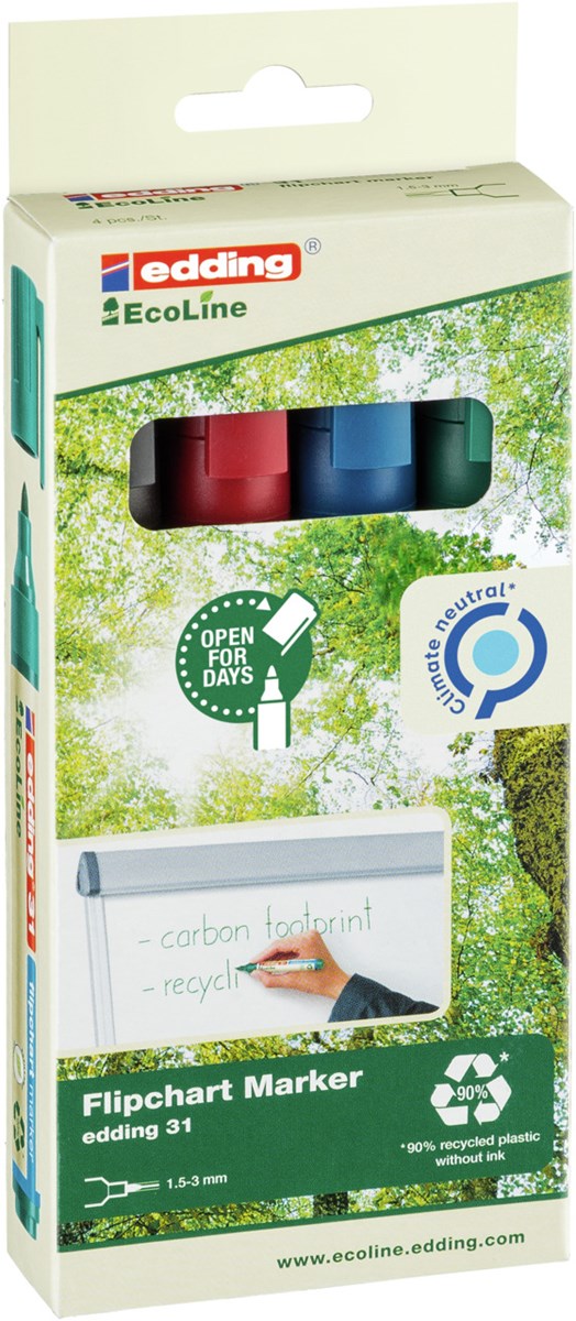 edding 31 EcoLine Flipchartmarker 4er Set sortiert, Rundspitze 1,5-3 mm (Art.-Nr.: 4-31-4)