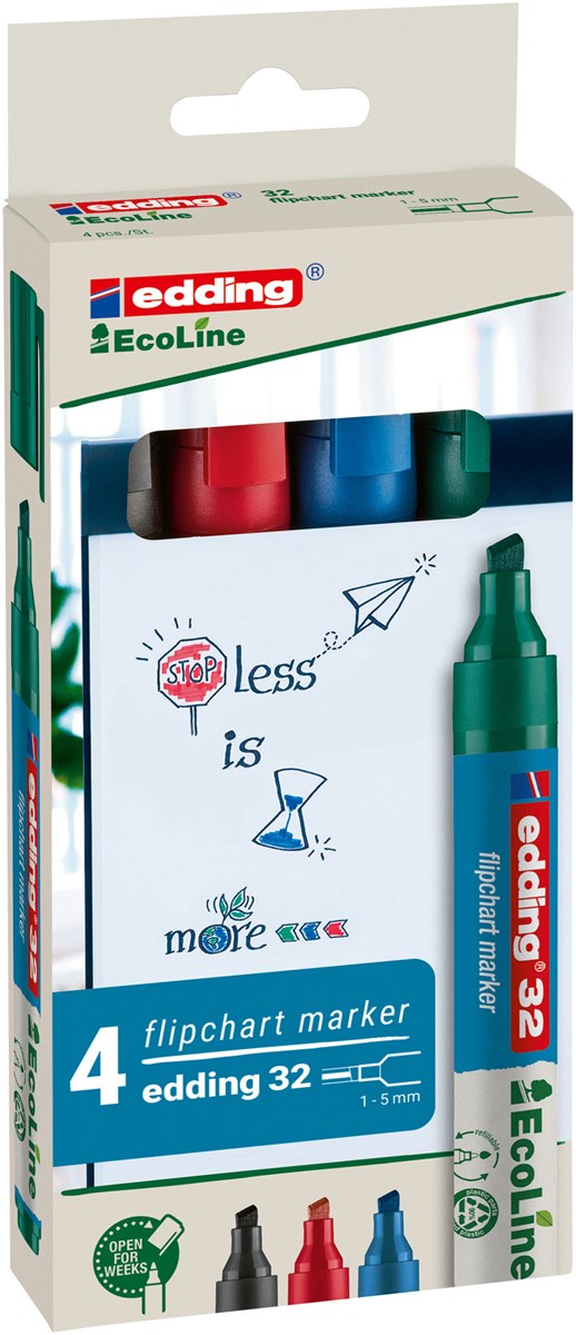 edding 32 EcoLine Flipchartmarker 4er Set sortiert, Keilspitze 1-5 mm (Art.-Nr.: 4-32-4)