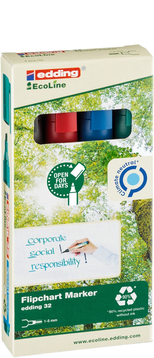 edding 32 EcoLine Flipchartmarker 4er Set sortiert, Keilspitze 1-5 mm (Art.-Nr.: 4-32-4)