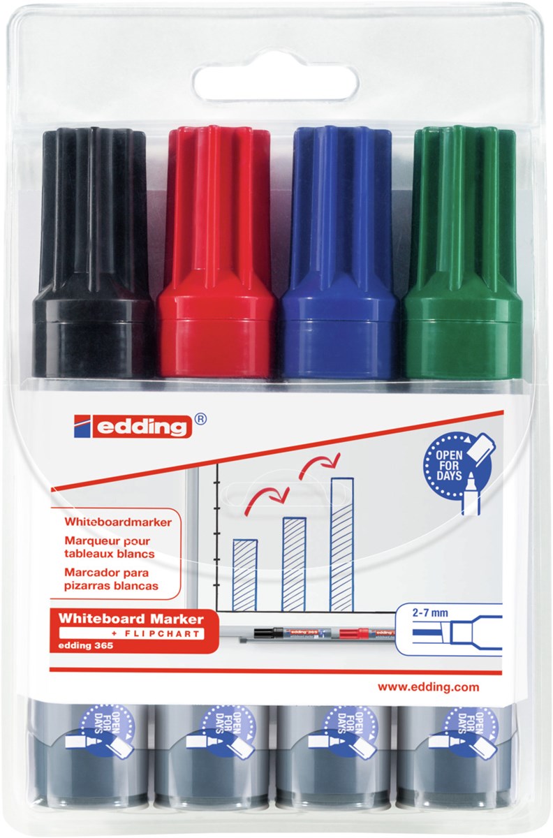 edding 365 Whiteboardmarker 4er Set sortiert, Keilspitze 2-7 mm (Art.-Nr.: 4-365-4)