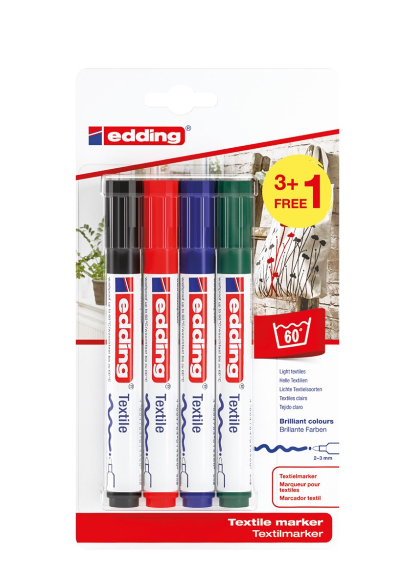 edding 4500 Textilmarker 4er BTS Blister Set (3+1) sortiert, Rundspitze 2-3 mm (Art.-Nr.: 4-4500-4-S1999)