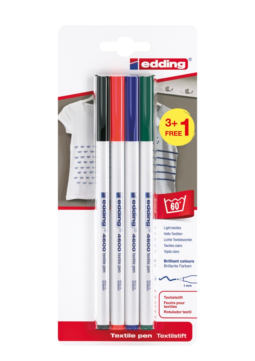 edding 4600 Textilstift 3+1 Set, Grundfarben, Rundspitze 1 mm (Art.-Nr.: 4-4600-4-S1999)
