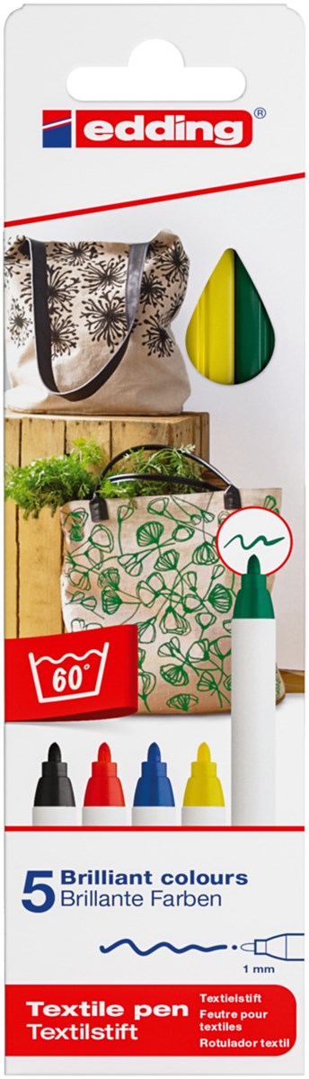 edding 4600 Textilstift 5er-Set sortiert (001-005), Rundspitze 1 mm (Art.-Nr.: 4-4600-5)