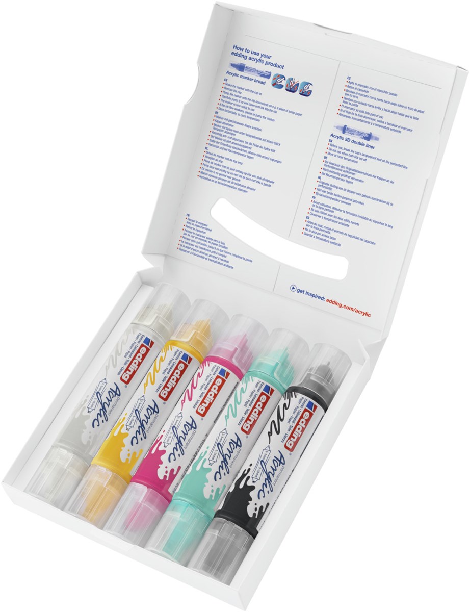 edding 5400 Acryl 3D Double Liner 5er-Set sortiert basic, Tubenspitze 2-3 mm + 5-10 mm (Art.-Nr.: 4-5400-5)