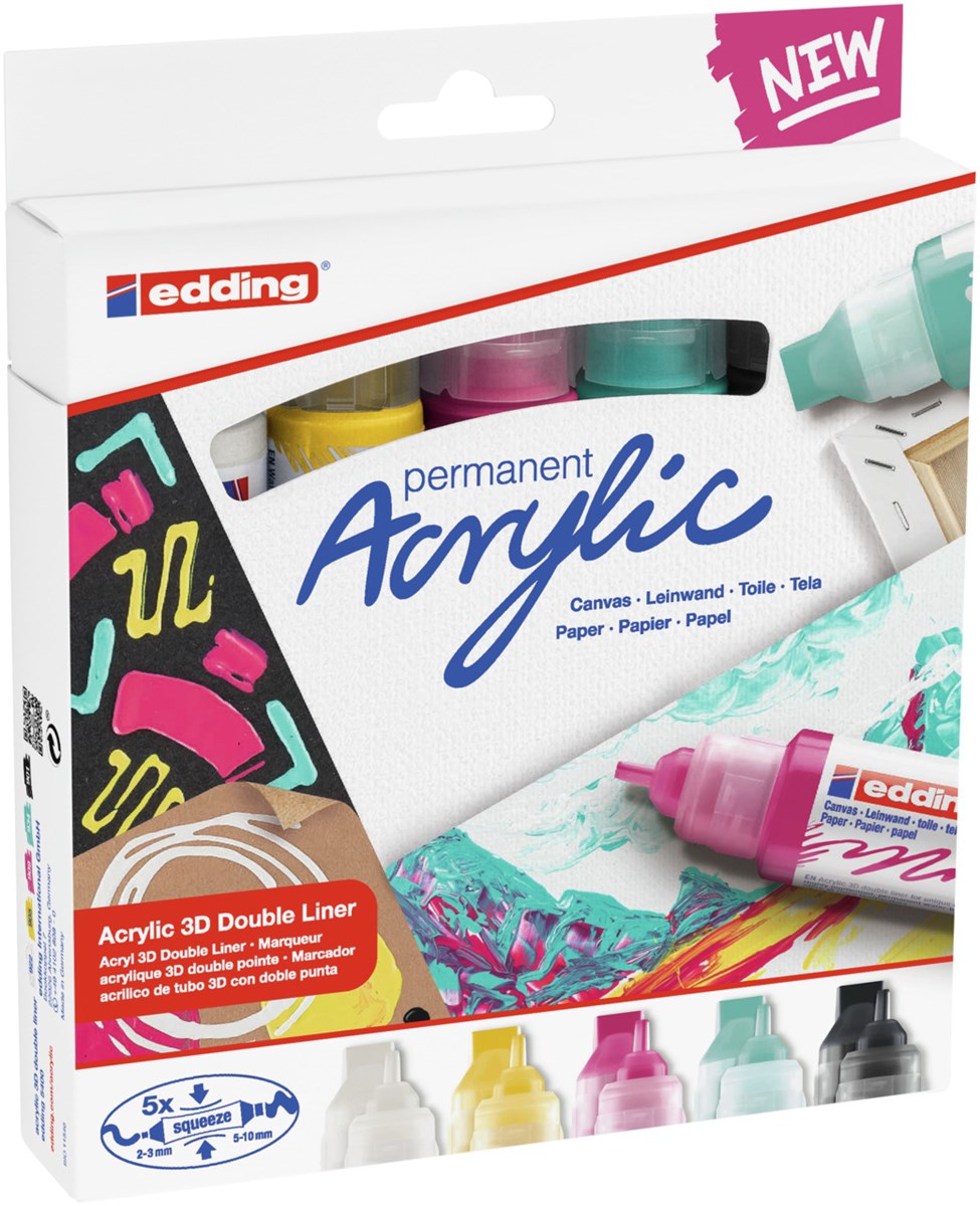 edding 5400 Acryl 3D Double Liner 5er-Set sortiert basic, Tubenspitze 2-3 mm + 5-10 mm (Art.-Nr.: 4-5400-5)