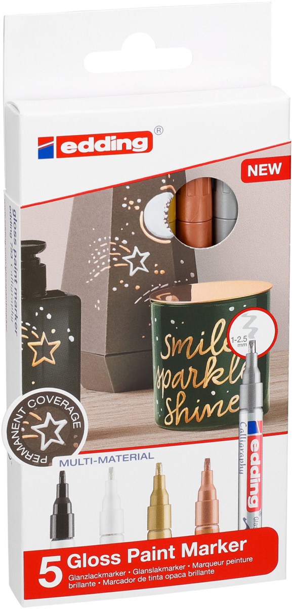 edding 753 Glanzlack-Marker 5er Set metallic, Kalligrafie Spitze 1-2,5 mm (Art.-Nr.: 4-753-5-999)