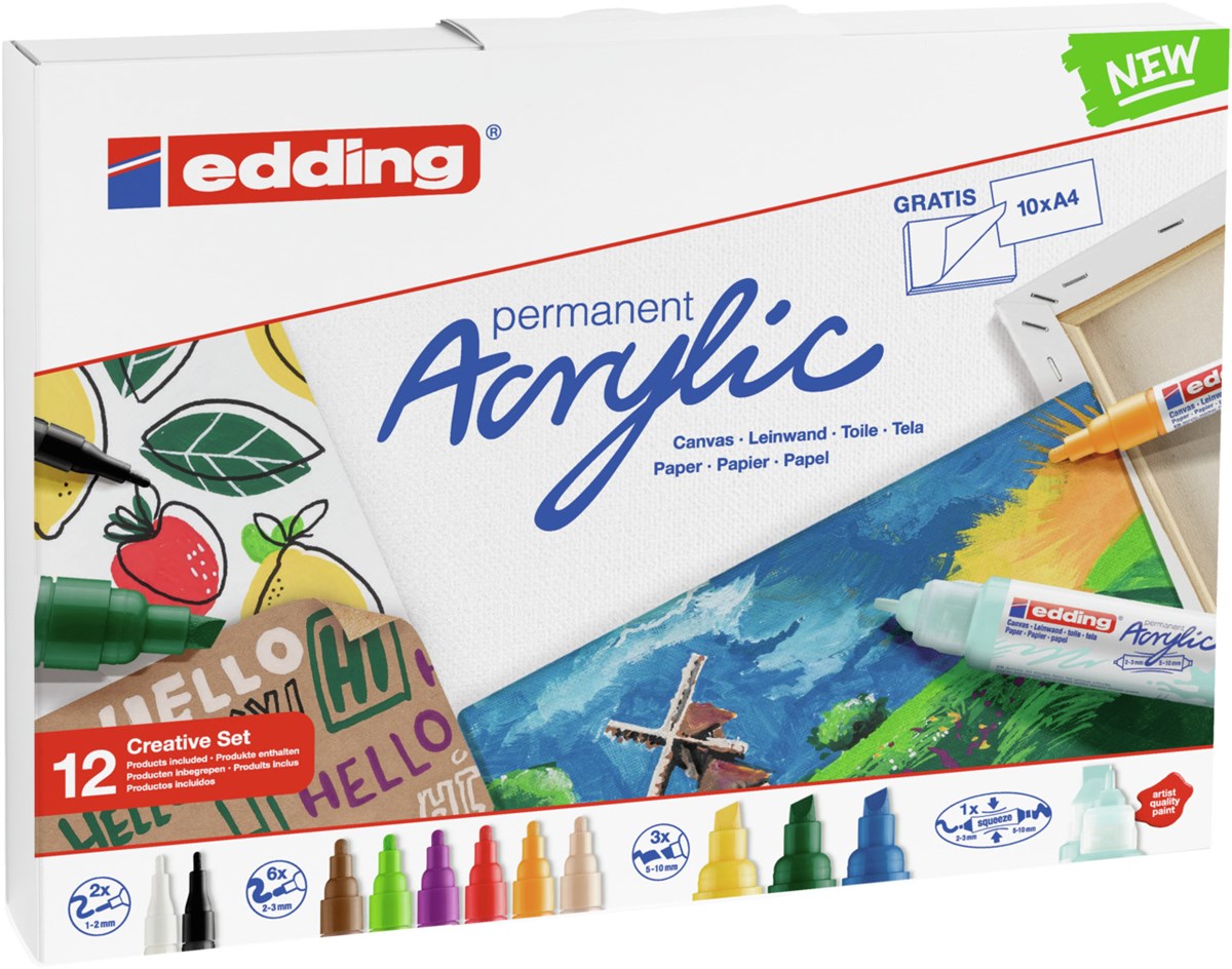 edding Acryl Creative Set, inkl. Malblock, 12er Set basic (Art.-Nr.: 4-CS12B)