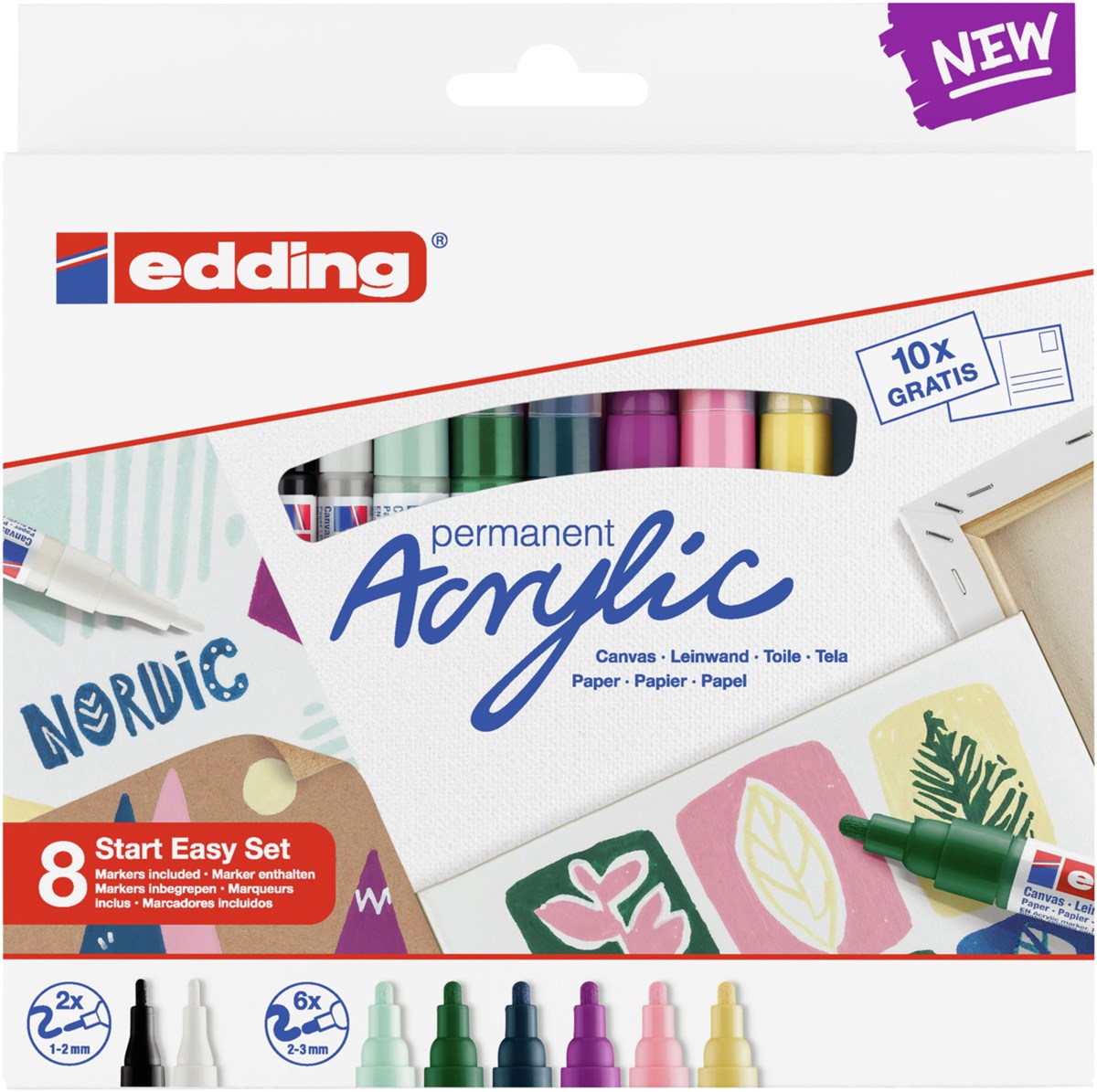 edding Acryl Start Easy Set, inkl. Postkartenblock, 8er Set nordic (Art.-Nr.: 4-SES8N)