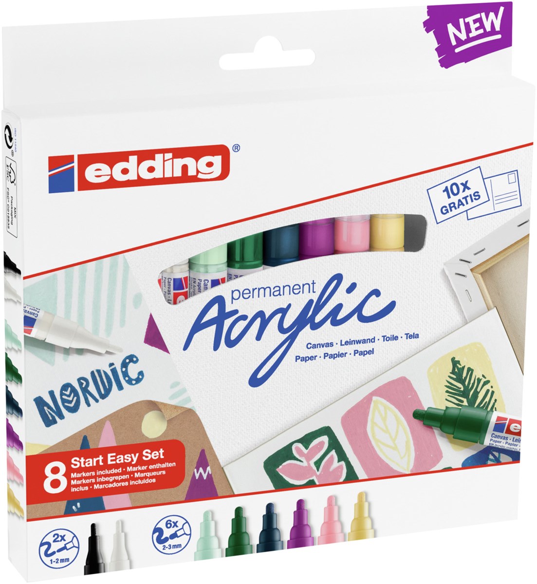 edding Acryl Start Easy Set, inkl. Postkartenblock, 8er Set nordic (Art.-Nr.: 4-SES8N)