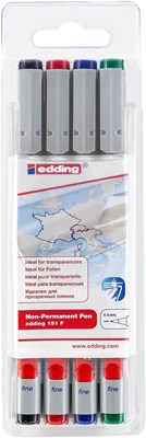 edding 151 F Non-permanenter Folienschreiber 4er Set sortiert, Rundspitze 0,6 mm (Art.-Nr.: 4-151-4)
