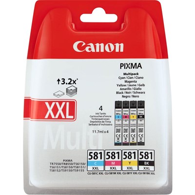 Canon CLI-581XXLMulti, 4er-Multipack, schwarz, cyan, magenta, yellow, extra hohe Füllmenge (Art.-Nr.: 1998C005)
