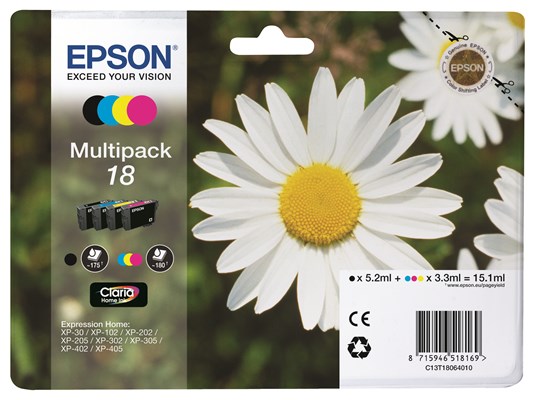 Epson 18 Tintenpatronen schwarz, cyan, magenta, yellow (Art.-Nr.: C13T18064012)