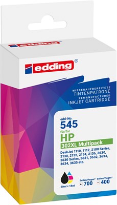 edding Tintenpatronen Multipack, Schwarz + 3-Farbig, ersetzt HP 302XL/302XL (F6U68AE/F6U67AE) (Art.-Nr.: 18-545)