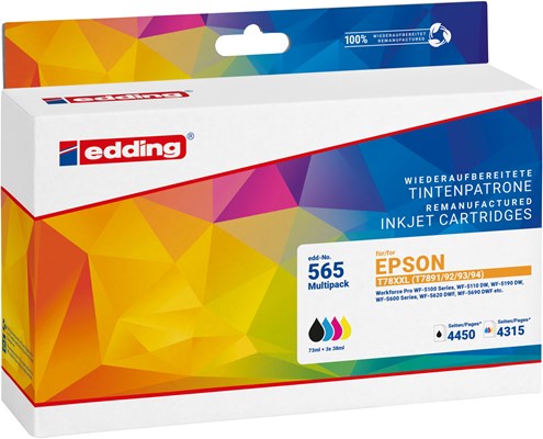 edding Druckerpatronen Multipack, Schwarz, Cyan, Magenta, Gelb, ersetzt Epson T78XXL (T7891/92/93/94) Multipack (Art.-Nr.: 18-565)