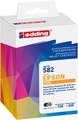edding Tintenpatronen Multipack, Text-Schwarz, Foto-Schwarz, Cyan, Magenta, Gelb, ersetzt Epson T33XL (T3351/61/62/63/64) (Art.-Nr.: 18-582)