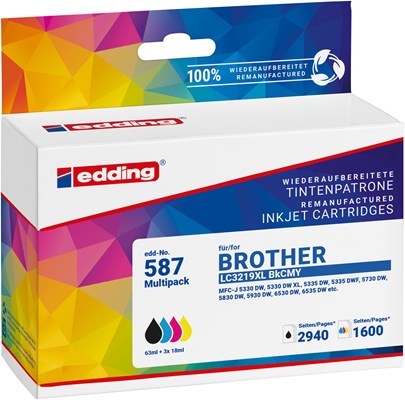 edding Tintenpatronen Multipack, Schwarz, Cyan, Magenta, Gelb, ersetzt Brother LC3219XLBK/C/M/Y (Art.-Nr.: 18-587-01)