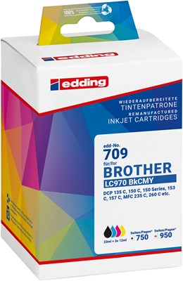 edding Druckerpatronen Multipack, schwarz, cyan, magenta, yellow, ersetzt Brother LC970 BKCMY Multipack 4 (Art.-Nr.: 18-709)