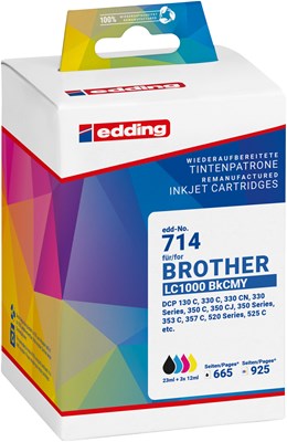 edding Druckerpatronen Multipack, schwarz, cyan, magenta, yellow, ersetzt Brother LC1000 BKCMY Multipack 4 (Art.-Nr.: 18-714)