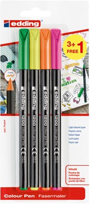 edding 1200 Fasermaler 4er BTS Blister Set (3+1) sortiert, Rundspitze 1 mm (Art.-Nr.: 4-1200-4-S1099)