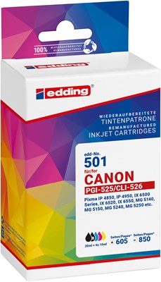 edding EDD-501 Tintenpatronen Multipack, 2x schwarz, cyan, magenta, yellow,  kompatibel zu PGI-525BK + CLi-526Bk/CLi-526C/Cli-526M/Cli-526Y (18-501)